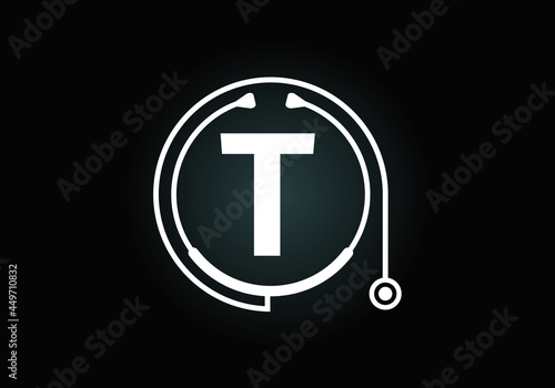 Initial T monogram alphabet with doctor stethoscope. Vector stethoscope logo or icon. Logo for medical and pharmaceutical business and company identity