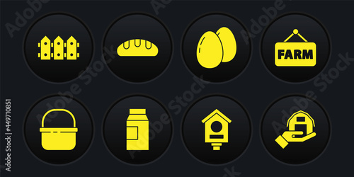 Set Basket, Signboard with text Farm, Paper package for milk, Bird house, Chicken egg, Bread loaf, in hand and Garden fence wooden icon. Vector