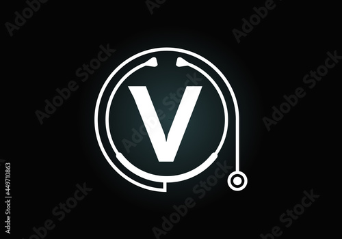 Initial V monogram alphabet with doctor stethoscope. Vector stethoscope logo or icon. Logo for medical and pharmaceutical business and company identity