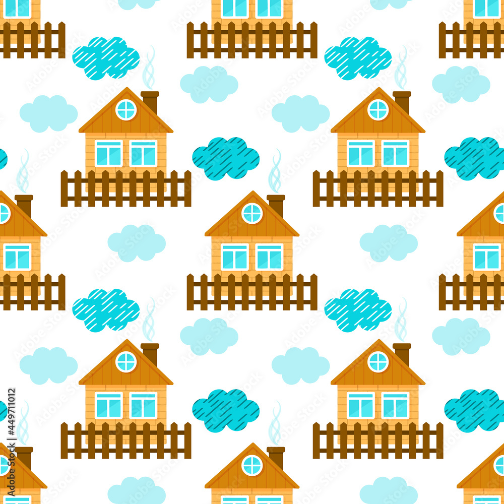 Cute houses and clouds. Seamless pattern. Cartoon style. Vector illustration. Cute houses and clouds. Seamless pattern. Cartoon style. Vector illustration.