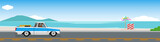Happy family travels with a classic pickup truck for banner. Carrying a truck for travel.  Asphalt road near the sea beach. Background with beautiful sandy beach. Copy Space Flat Vector Illustration.