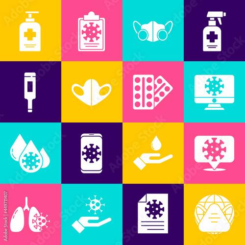 Set Earth with medical mask, Corona virus on location, Virus statistics monitor, Medical protective, thermometer, Liquid antibacterial soap and Pills in blister pack icon. Vector