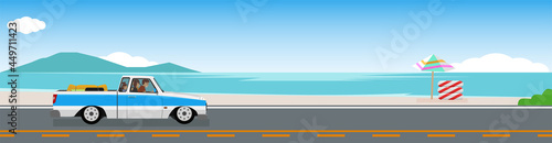 Happy family travels with a classic pickup truck for banner. Carrying a truck for travel.  Asphalt road near the sea beach. Background with beautiful sandy beach. Copy Space Flat Vector Illustration.