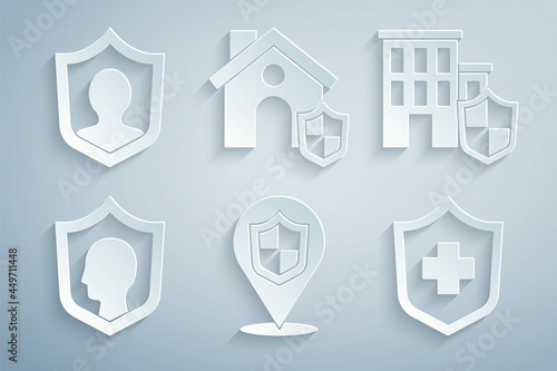 Set Location shield, House with, Life insurance, Health, and icon. Vector