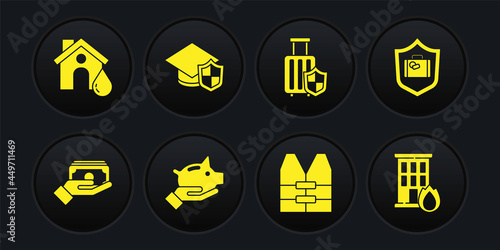 Set Stacks paper money cash, Travel suitcase with shield, Piggy bank, Life jacket, Graduation cap, Fire in burning house and House flood icon. Vector
