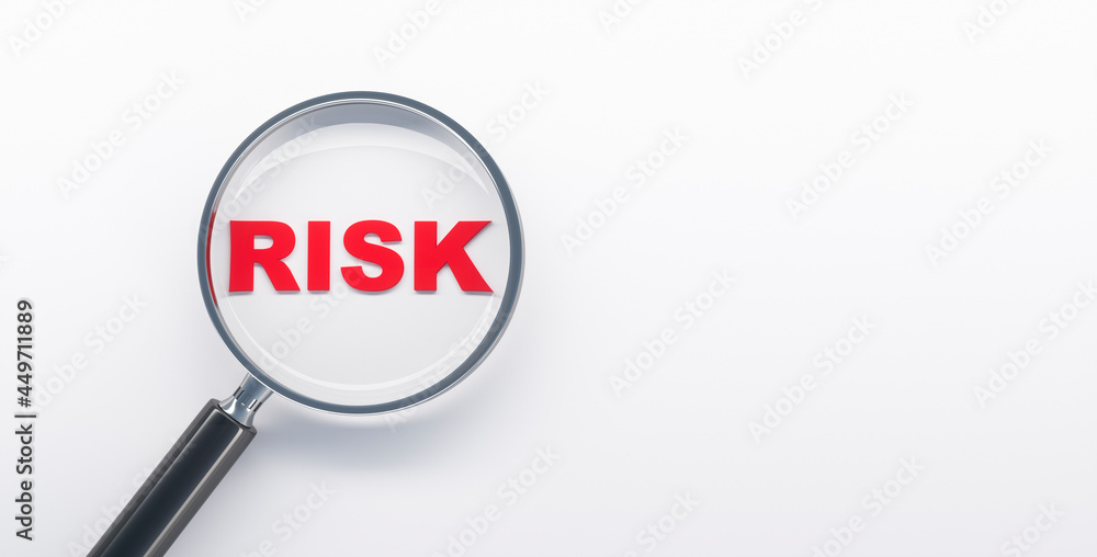 Magnifying Glass on Text RISK with white Background - 3D illustration Magnifying Glass on Text RISK with white Background - 3D illustration