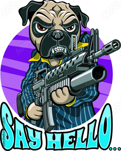 pug gangster dog with machine gun
