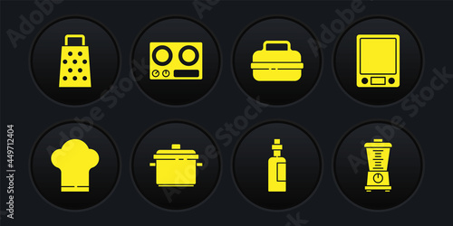 Set Chef hat, Electronic scales, Cooking pot, Bottle of olive oil, Gas stove, Blender and Grater icon. Vector