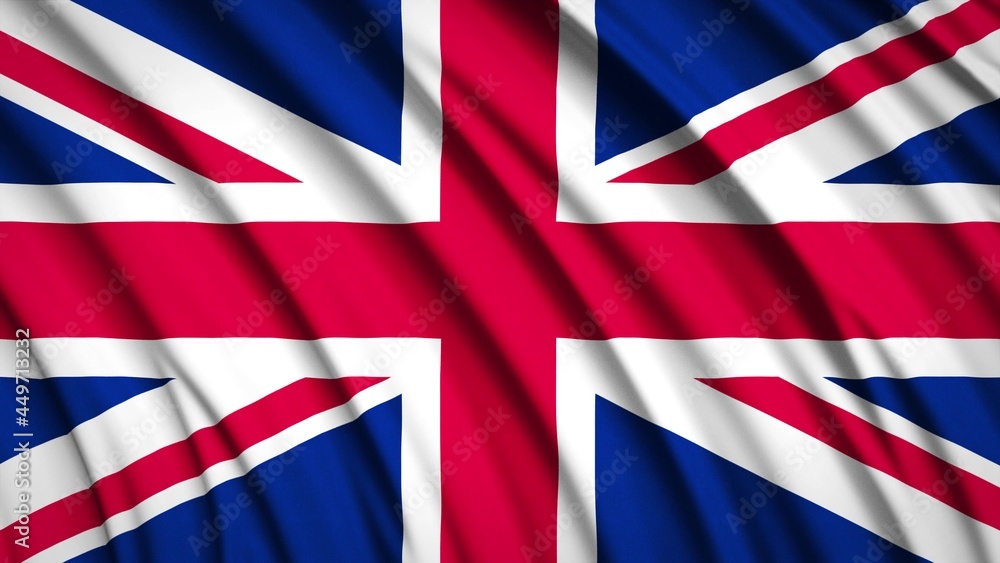 United Kingdom flag. Waving national flag. State symbols. Realistic 3D render. United Kingdom flag. Waving national flag. State symbols. Realistic 3D render.