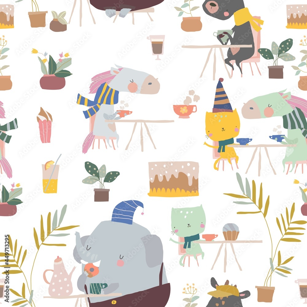 Seamless Pattern of Cute Cartoon Animals sitting in Cafe
