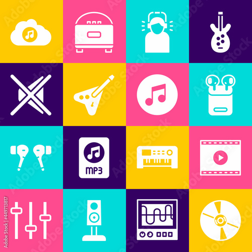 Set CD or DVD disk, Online play video, Air headphones box, Man, Electric bass guitar, Speaker mute, Music streaming service and note, tone icon. Vector