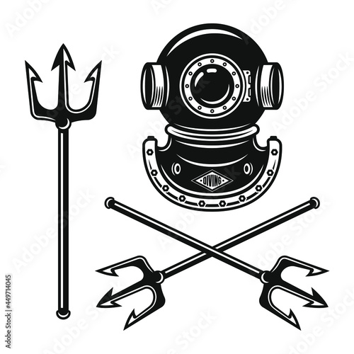 Ancient diving helmet with trident vector objects isolated on white Premium Vector  
