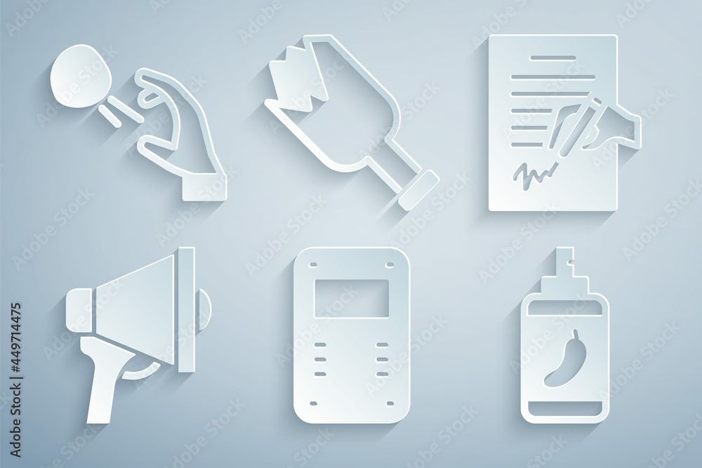 Set Police assault shield, Petition, Megaphone, Pepper spray, Broken bottle weapon and Hooligan shooting stones icon. Vector Set Police assault shield, Petition, Megaphone, Pepper spray, Broken bottle weapon and Hooligan shooting stones icon. Vector