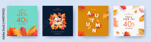 Autumn Sale background, banner, or flyer design. Set of colorful autumn posters with bright beautiful leaves frame, paper cut style letters and lettering. Template for advertising, web, social media