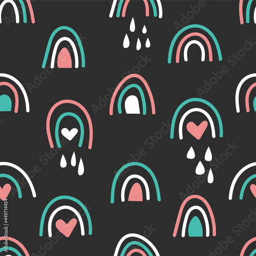 Bohemian hand drawn seamless pattern with rainbow and rain