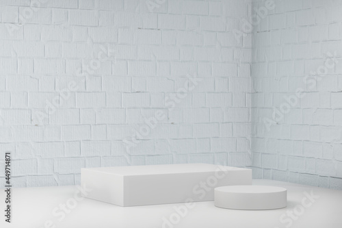 Display product stand  White cylinder block podium on white paint bricks corner background. 3D rendering illustration