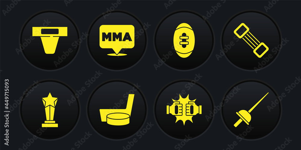 Set Award cup, Chest expander, Ice hockey stick puck, Punch in boxing gloves, American Football ball, Fight club MMA, Fencing and Groin guard icon. Vector Set Award cup, Chest expander, Ice hockey stick puck, Punch in boxing gloves, American Football ball, Fight club MMA, Fencing and Groin guard icon. Vector
