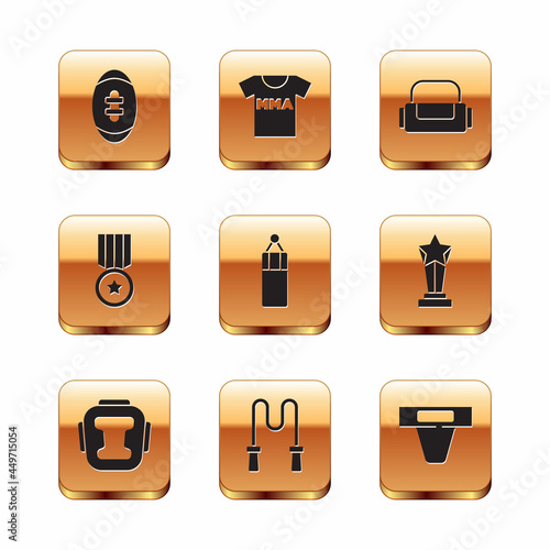 Set American Football ball, Boxing helmet, Jump rope, Punching bag, Medal, Sport, Groin guard and T-shirt with fight club MMA icon. Vector
