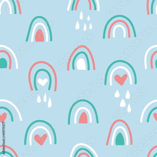 Bohemian hand drawn seamless pattern with rainbow and rain