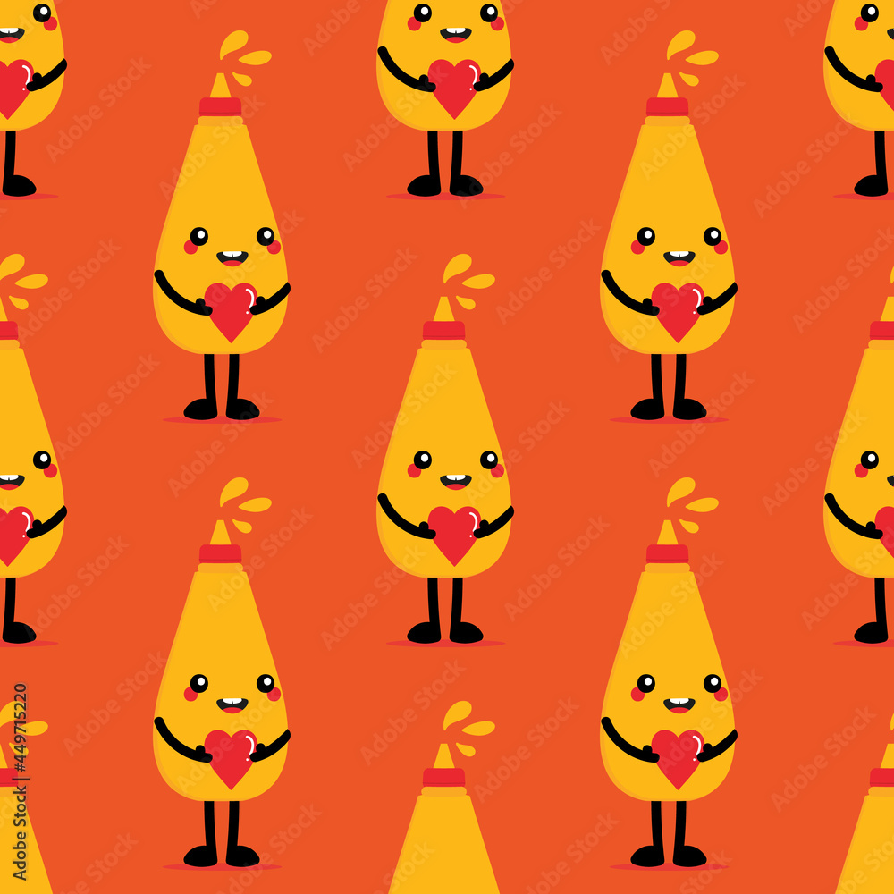 Fototapeta premium Cute smiling cartoon style bottle of mustard character holding in hands red heart vector seamless pattern background.