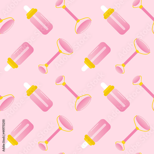 Pink stone, rose quartz gua sha roller and bottle of oil, serum vector seamless pattern background for skincare routine design.