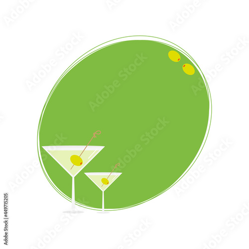 Simple cartoon style martini in cocktail glasses with olive as a garnish oval frame, card template, background for drink and beverage design.

