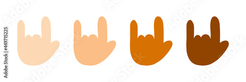 Set, collection of cute cartoon style human hands with different skin colors. Sign language gesture for saying «I love you». photo