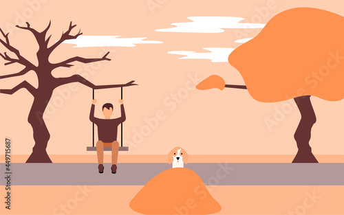 Joven sentado en un columpio unido a un árbol y su perro jugando en un montículo de hojas
