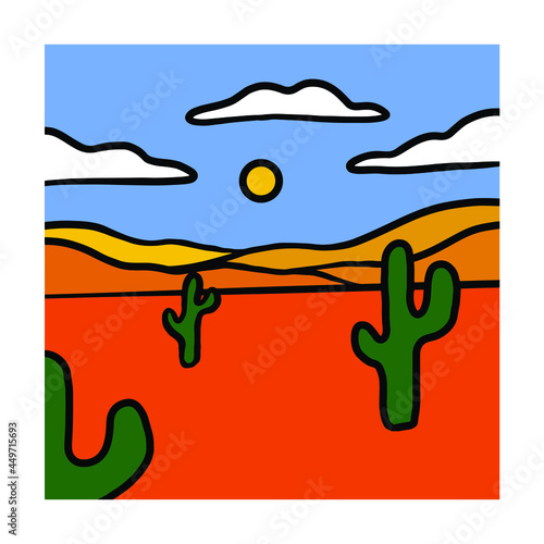 a landscape illustration in a square. simple cartoon drawing in vector graphics. colored illustration with a black outline for a card, social media, invitation, etc.