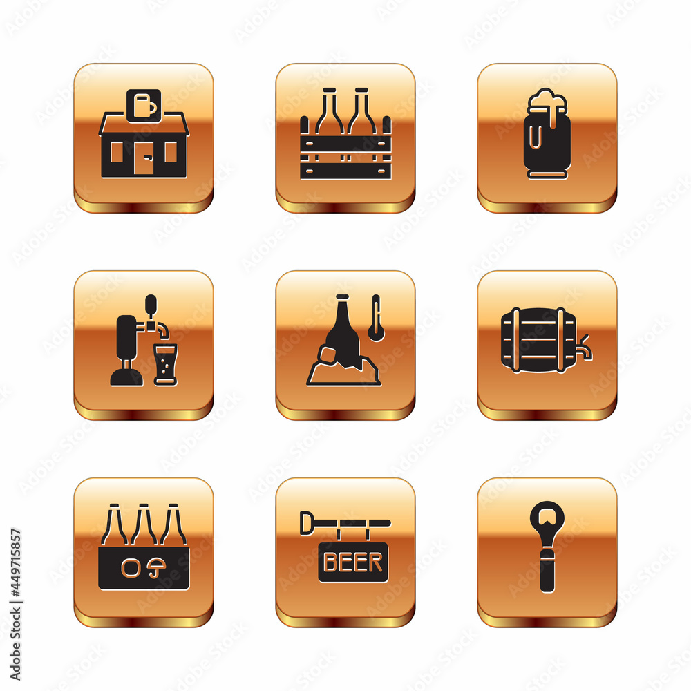 Set Store building of beer shop, Pack bottles, Street signboard with Beer, Cold, tap glass, can foam, Bottle opener and icon. Vector Set Store building of beer shop, Pack bottles, Street signboard with Beer, Cold, tap glass, can foam, Bottle opener and icon. Vector