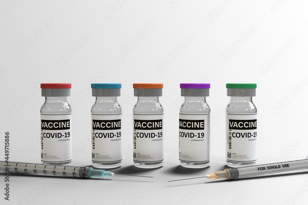 3d rendering Coronavirus Vaccine concept with syringe and bottles on White Background of vial with copy space . 3d rendering Coronavirus Vaccine concept with syringe and bottles on White Background of vial with copy space .
