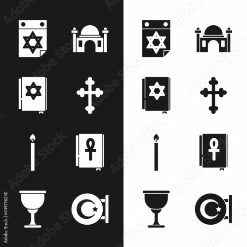 Set Christian cross, Jewish torah book, calendar, Muslim Mosque, Burning candle, Cross ankh, Star crescent and Holy grail chalice icon. Vector