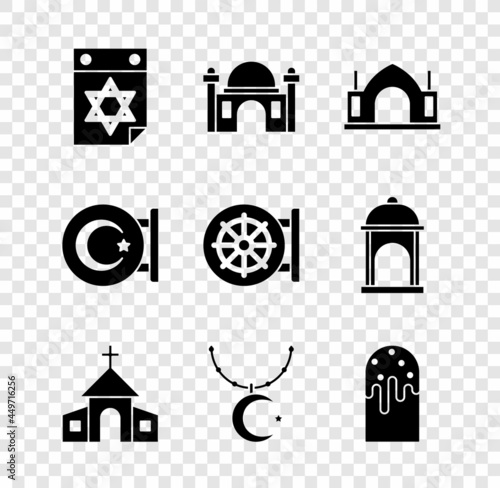 Set Jewish calendar, Muslim Mosque, Hindu spiritual temple, Church building, Star and crescent on chain, Easter cake, and Dharma wheel icon. Vector