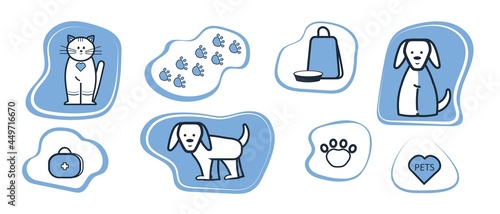 A set of stickers with cats and dogs isolated on a white background. Cute pets for the design of the page, booklet, cover. Vector illustration.