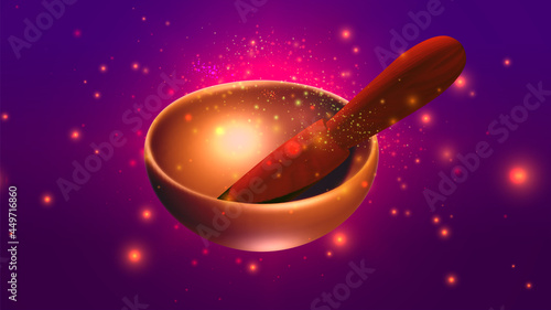 Magic singing bowl on purple background. Music for healing and meditation