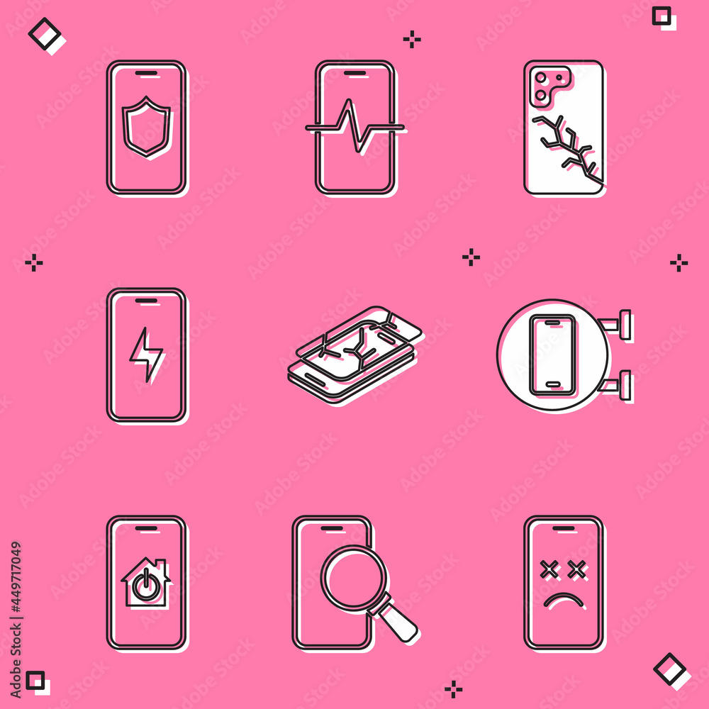 Set Mobile with shield, Phone repair service, broken screen, charging battery, smart home and icon. Vector Set Mobile with shield, Phone repair service, broken screen, charging battery, smart home and icon. Vector