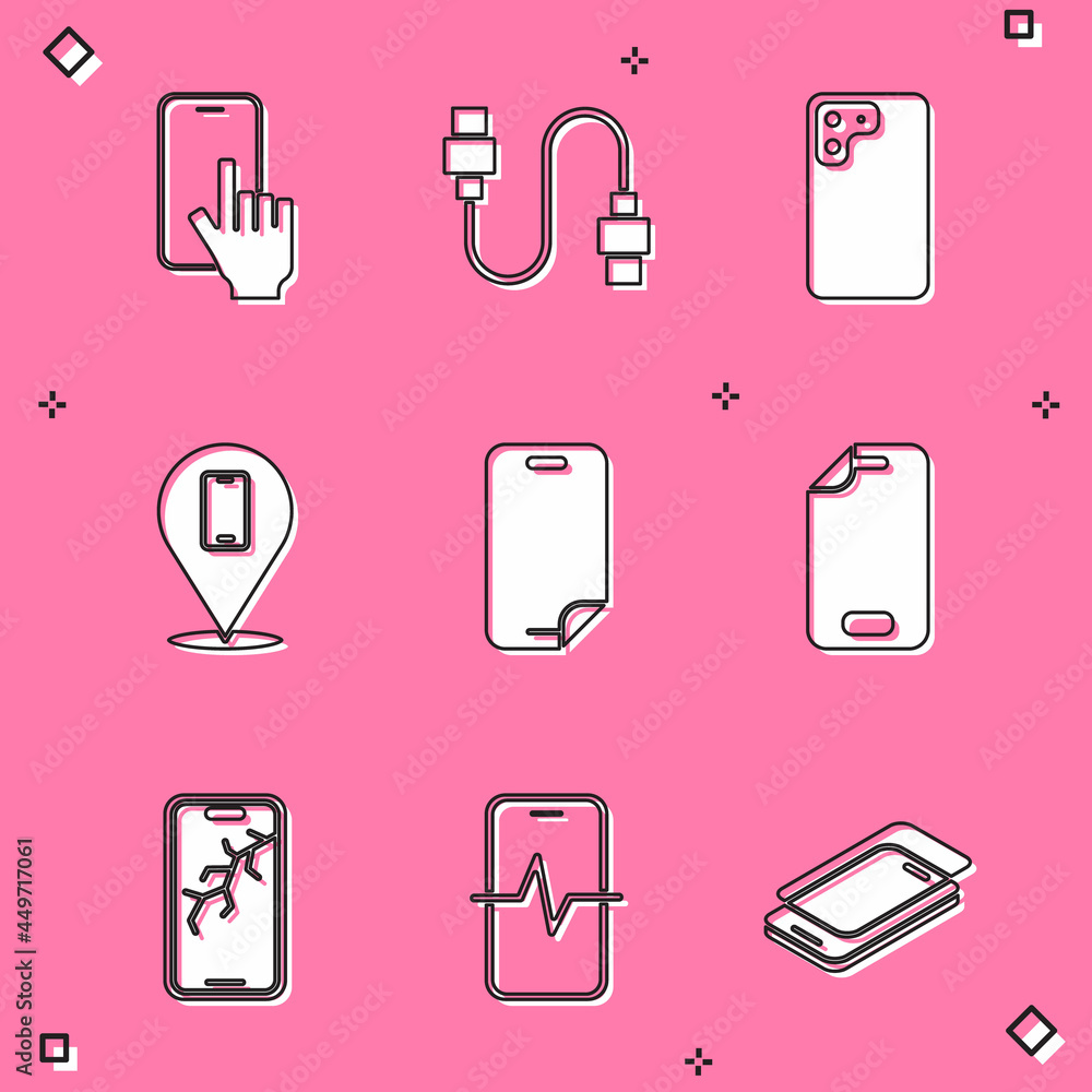 Set Phone repair service, USB cable cord, Smartphone, Glass screen protector, Mobile with broken and icon. Vector Set Phone repair service, USB cable cord, Smartphone, Glass screen protector, Mobile with broken and icon. Vector