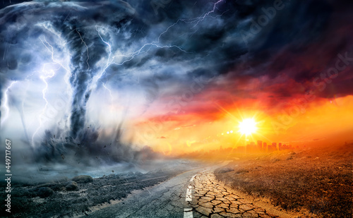 Fotografie, Obraz Tornado In Stormy Landscape - Climate Change And Natural Disaster Concept