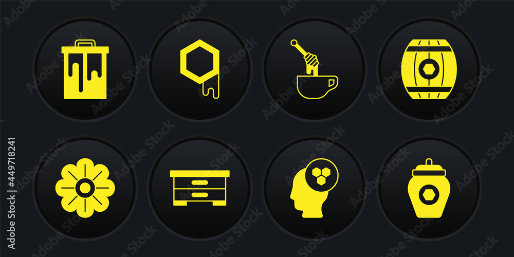 Set Flower, Wooden barrel with honey, Hive for bees, Beekeeper, Honey dipper stick, Honeycomb, Jar of and icon. Vector