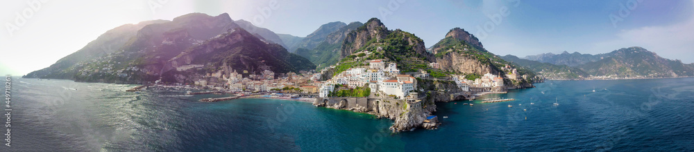 Aerial view of Amalfi coastline from a moving drone, Campania - Italy.