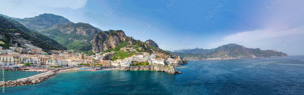 Aerial view of Amalfi coastline from a moving drone, Campania - Italy.