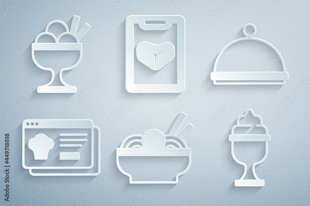 Set Asian noodles in bowl, Covered with tray, Online ordering and delivery, Ice cream, Restaurant cafe menu and icon. Vector Set Asian noodles in bowl, Covered with tray, Online ordering and delivery, Ice cream, Restaurant cafe menu and icon. Vector