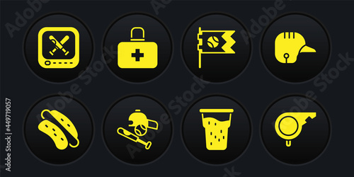 Set Hotdog sandwich, Baseball helmet, bat with ball, hat, Glass of beer, Flag baseball, First aid kit, Whistle and Monitor game icon. Vector