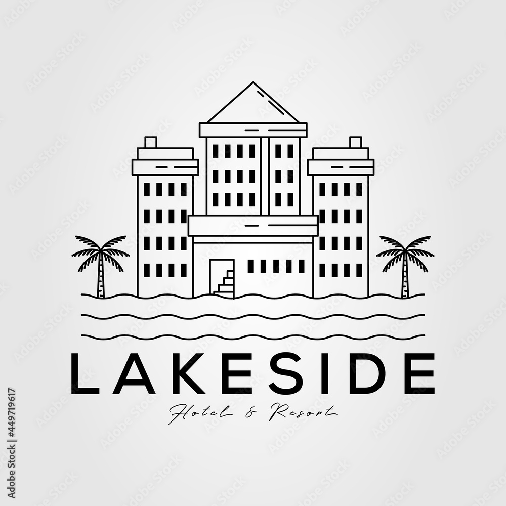 lakeside hotel and resort line art logo vector illustration design