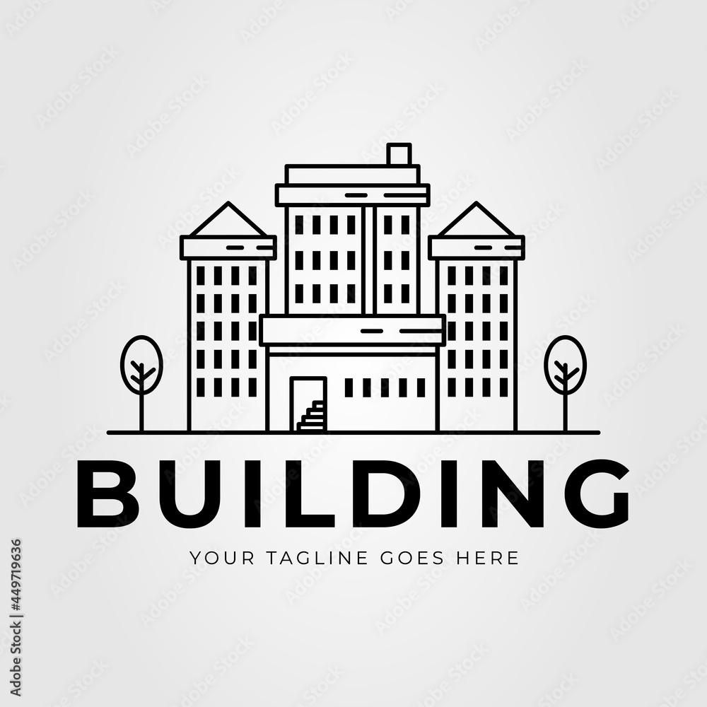 bank building or hotel architecture line art logo vector illustration design
