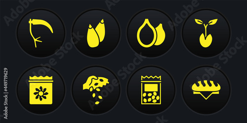 Set Pack full of seeds of plant, Sprout, Seed, Pumpkin, Bread loaf and Scythe icon. Vector