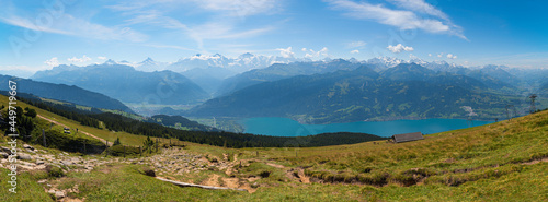 stunning view from Niederhorn mountain to the Bernese alps, switzerland and lake Thunersee