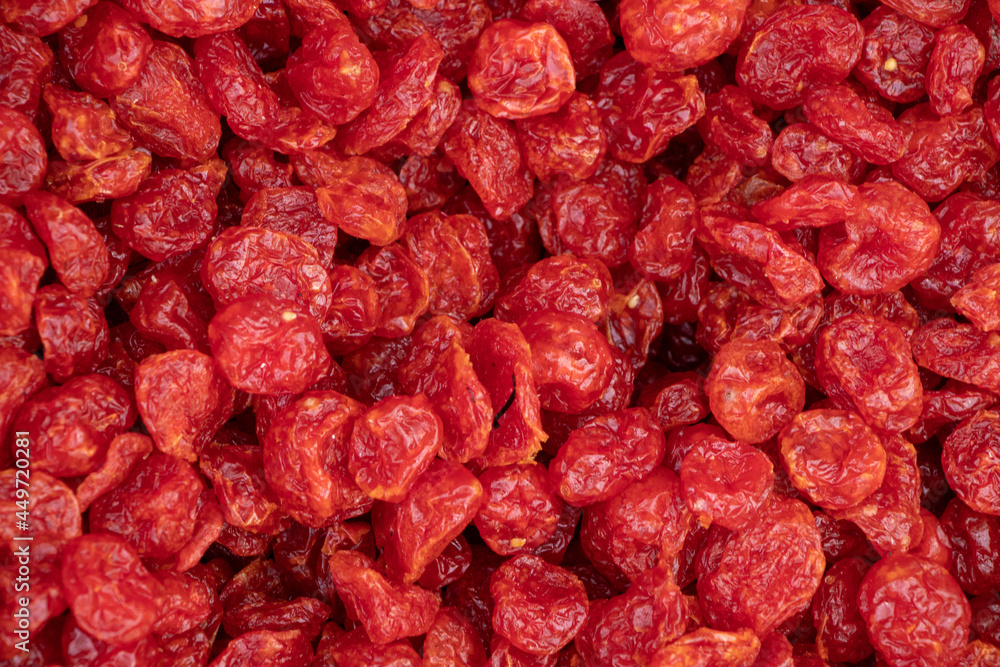 Dried cherry. Dried fruits. Proper nutrition, healthy eating. top view, texture of red berries,