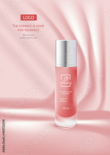 Facial anti-wrinkle cream ads poster template. Cosmetics premium product. Cosmetic packaging mockup design. White cream tube on pink color studio background . 3d vector illustration.