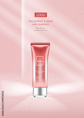 Facial anti-wrinkle cream ads poster template. Cosmetics premium product. Cosmetic packaging mockup design. White cream tube on pink color studio background . 3d vector illustration.